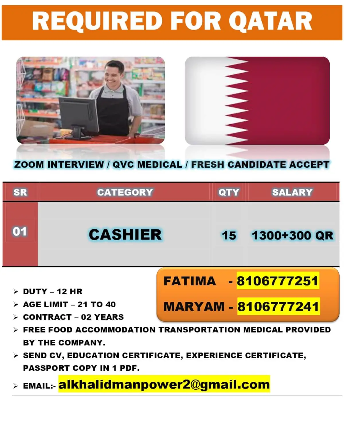 Required for Qatar Zoom Interview/QVC Medical – Fresh Candidates Accepted