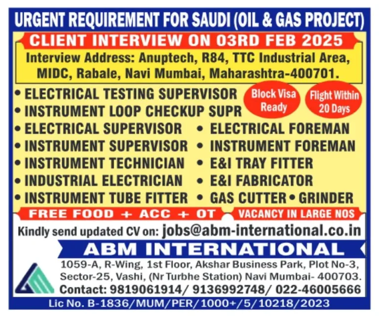 Urgent Requirement for Saudi Oil & Gas Project – Client Interview on 3rd Feb 2025