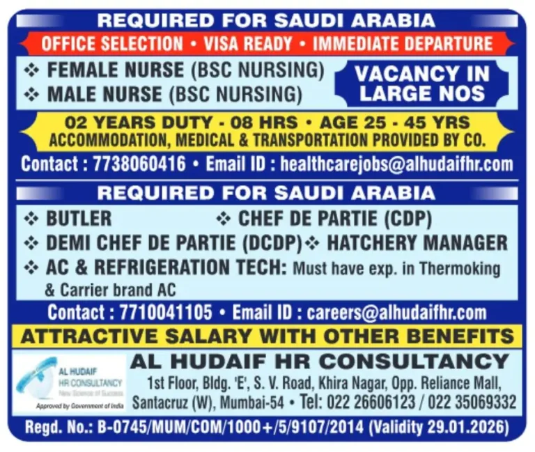 Saudi Arabia Job Openings: Immediate Selection for Nurses, Chefs, and Technicians