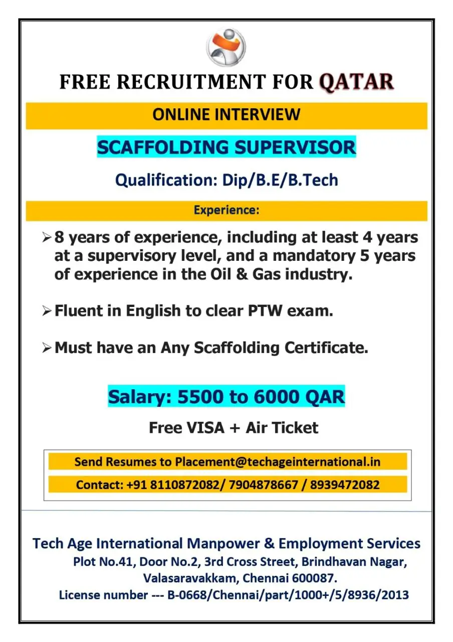 FREE RECRUITMENT FOR QATAR – ONLINE INTERVIEW FOR SCAFFOLDING SUPERVISOR