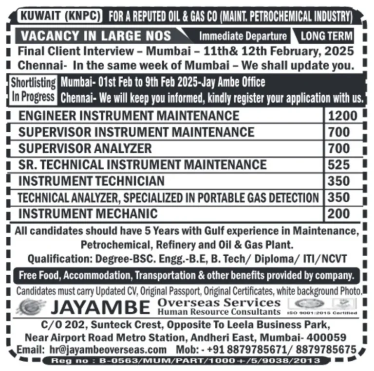 Kuwait (KNPC) Oil & Gas Job Vacancies – Immediate Departure