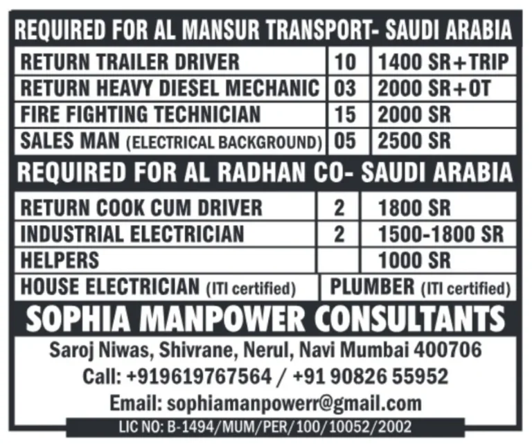 Job Openings for Drivers, Mechanics, and Electricians in Saudi Arabia