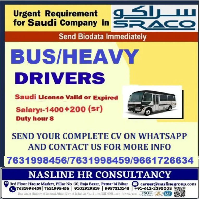 Urgent Requirement for Saudi Company SRACO – Apply Now!