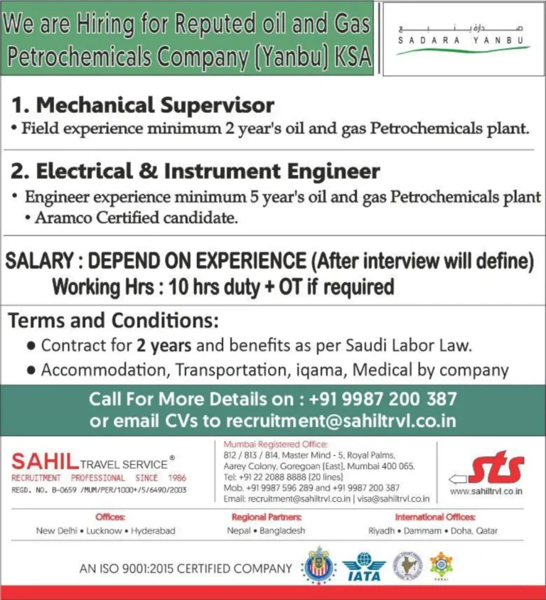 Hiring for a Reputed Oil and Gas Petrochemicals Company in Yanbu, KSA