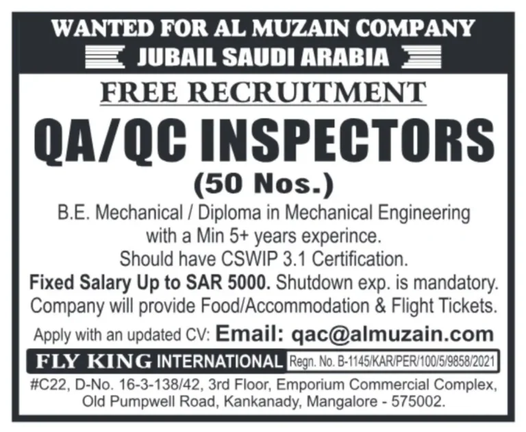 Exciting Job Opportunity for QA/QC Inspectors in Saudi Arabia – Free Recruitment!