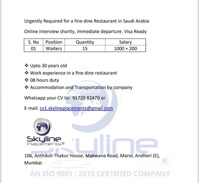 Urgently Required Waiters – Fine Dine Restaurant Jobs in Saudi Arabia