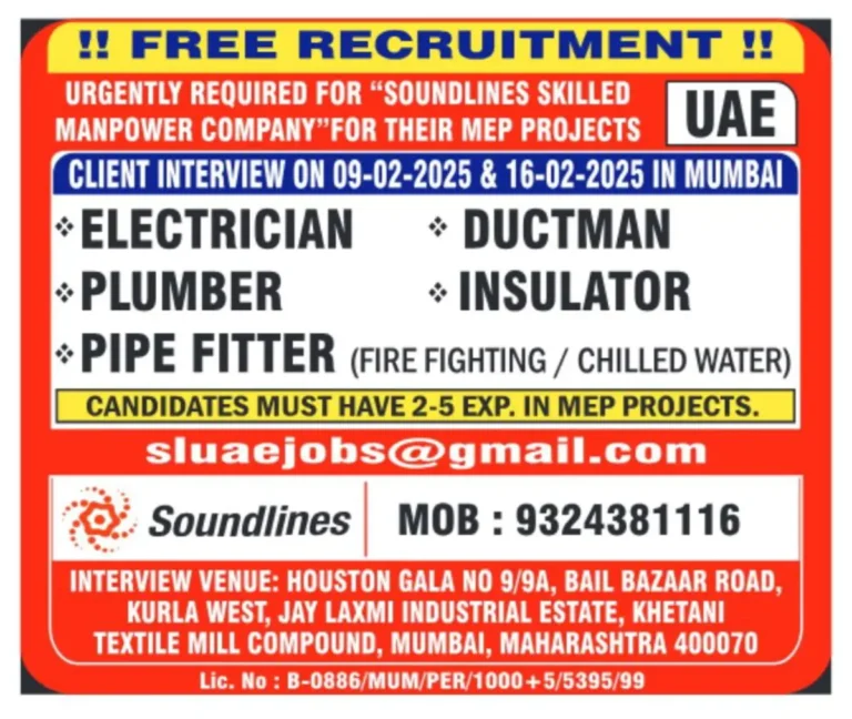 FREE RECRUITMENT !! URGENTLY REQUIRED FOR "SOUNDLINES SKILLED MANPOWER COMPANY" FOR THEIR MEP PROJECTS UAE