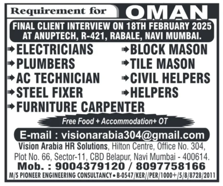 Oman Job Vacancy 2025 | Final Client Interview on 18th February