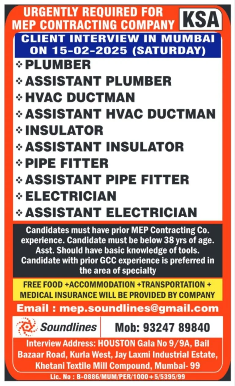 Urgently Required for MEP Contracting Company – KSA