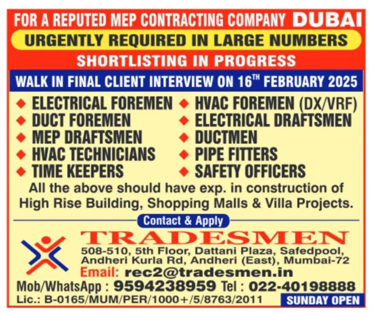 Urgent MEP Job Vacancies in Dubai – Walk-In Interview on 16th Feb 2025