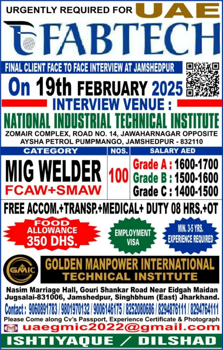 Urgent Hiring in UAE: MIG Welders, FCAW+SMAW