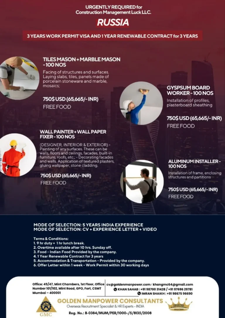Urgent Hiring for Construction Management Luck LLC – Russia