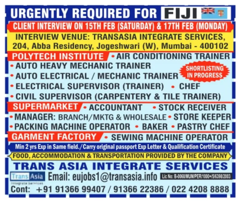 Urgently Required for Fiji – Multiple Job Openings | Client Interview