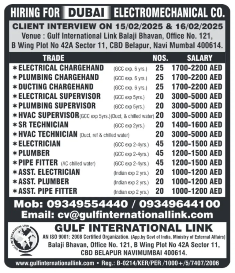 Dubai Electromechanical Jobs – Walk-in Interview 2025