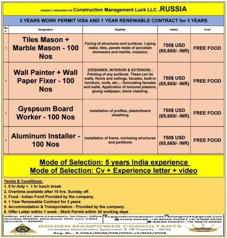 Top Construction Jobs in Russia – 3 Years Work Permit Visa