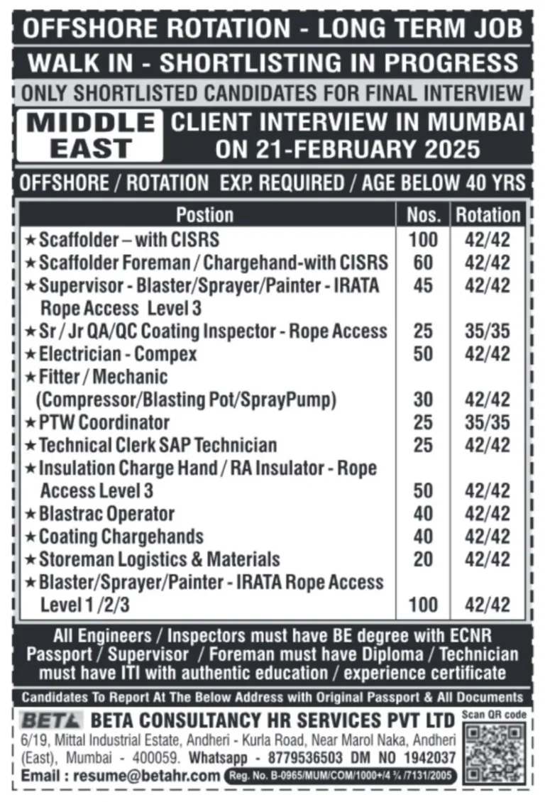 Offshore Rotation Jobs - Walk-in Interviews in Mumbai