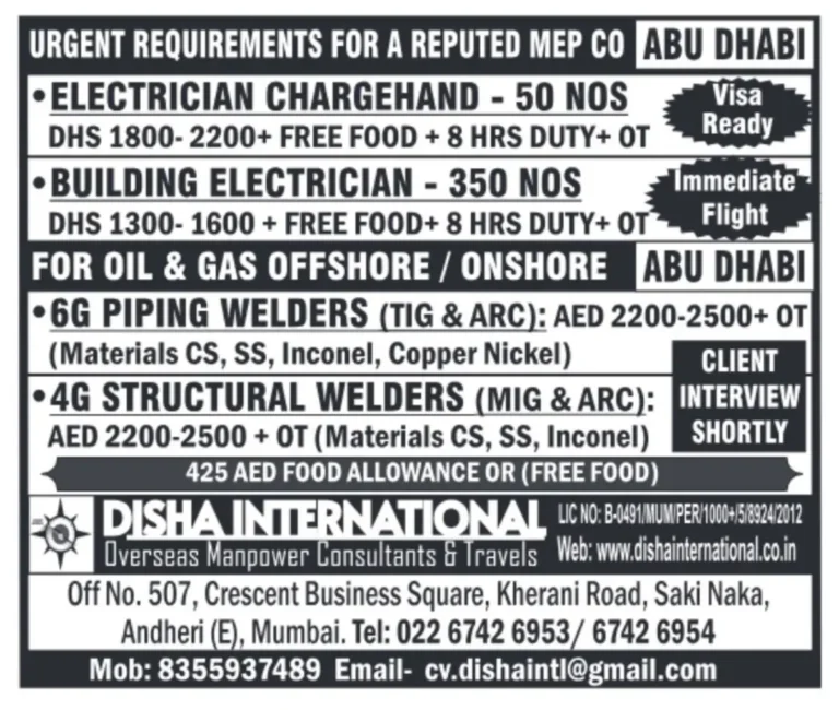 Urgent Assignment Abroad Jobs – MEP & Offshore Openings in Abu Dhabi
