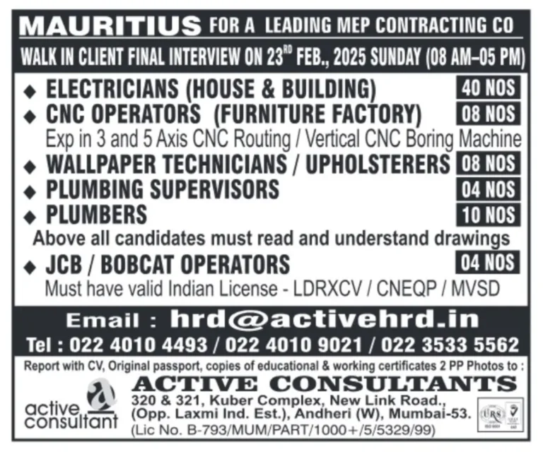 Mauritius Jobs 2025 – Walk-in Interview for MEP Contracting Company