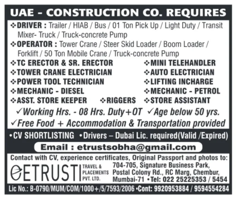 UAE Construction Jobs: Hiring Drivers, Operators, Electricians & More