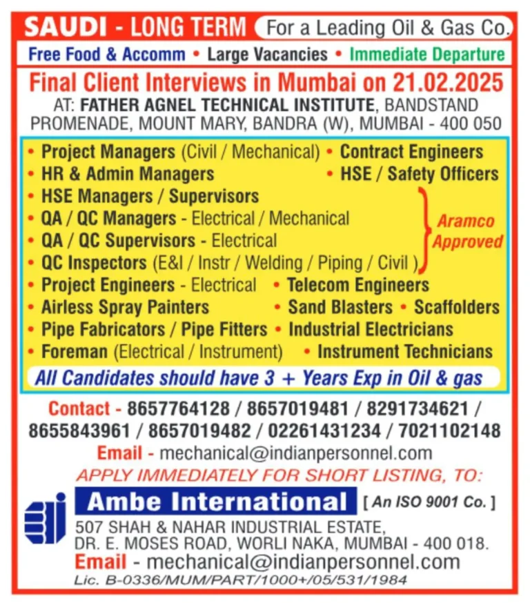 Oil & Gas Jobs Abroad – Immediate Departure, Free Food & Accommodation