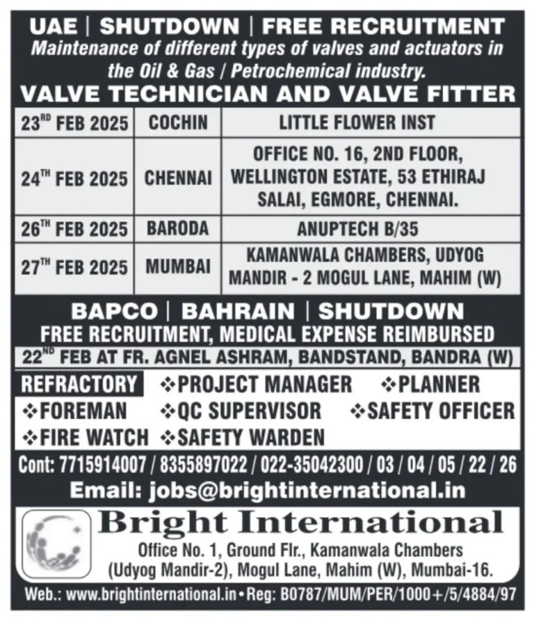 UAE & Bahrain Shutdown Jobs: Free Recruitment for Valve Technicians & More
