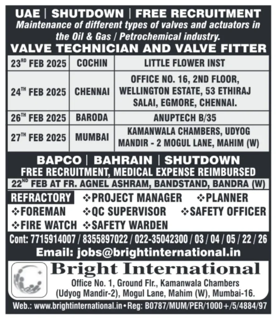UAE & Bahrain Shutdown Jobs: Free Recruitment for Valve Technicians & More