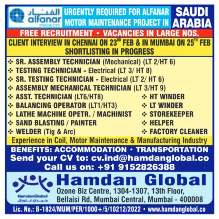 Urgently Required for Alfanar Saudi Arabia | Free Recruitment