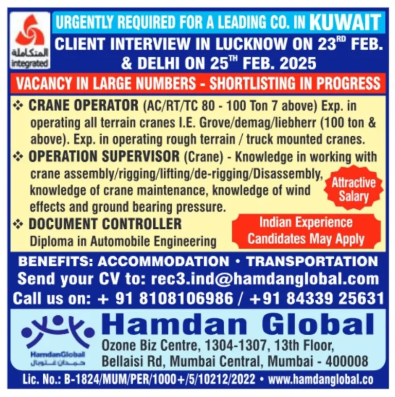 Urgently Required Crane Operators & Supervisors | Kuwait Jobs 2025