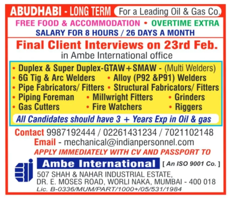 Abu Dhabi Oil & Gas Jobs – Free Food & Accommodation