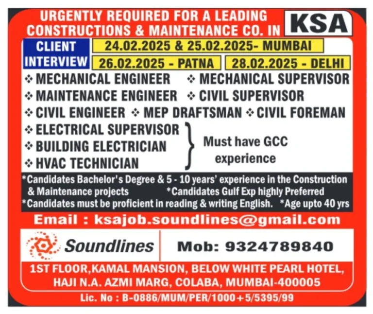Urgently Required for a Leading Construction & Maintenance Company in KSA