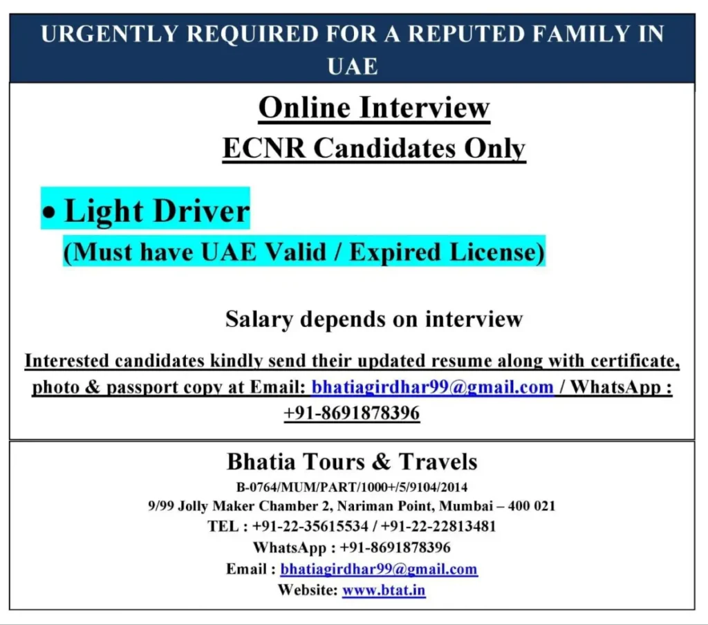 Urgent Light Driver Jobs in UAE - Apply Now!