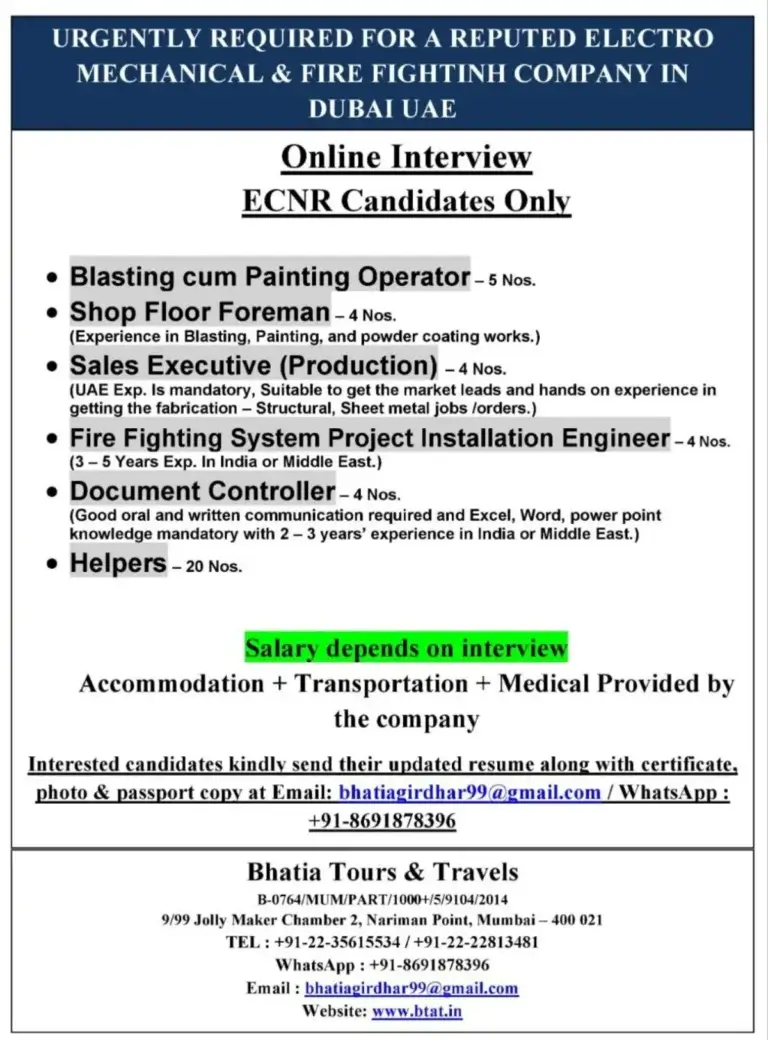 Exciting Career Opportunities in a Leading Electro-Mechanical and Fire Fighting Company in Dubai, UAE