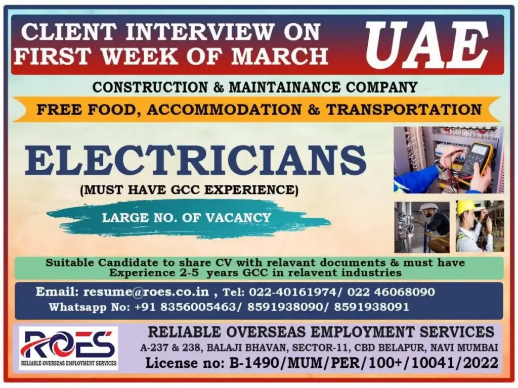 UAE Construction & Maintenance Company Hiring Electricians