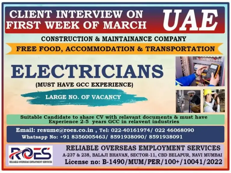 UAE Construction & Maintenance Company Hiring Electricians