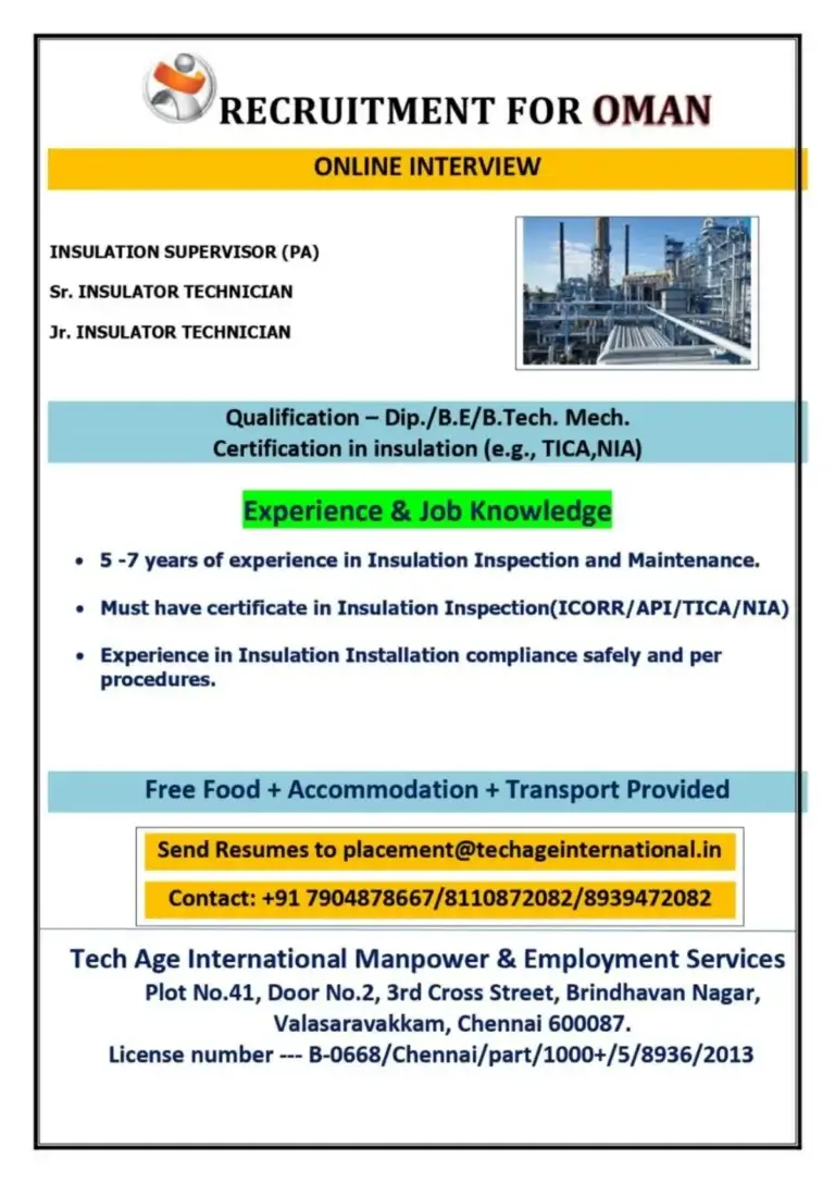 Oman Insulation Supervisor & Technician Jobs – Apply Now!