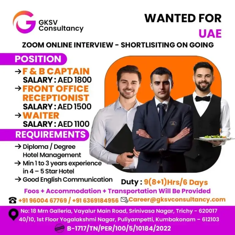 UAE Jobs: F&B Captain, Receptionist & Waiter – Apply Now