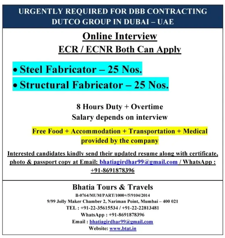 Urgent Hiring: Steel & Structural Fabricators for DBB Contracting, Dutco Group in Dubai