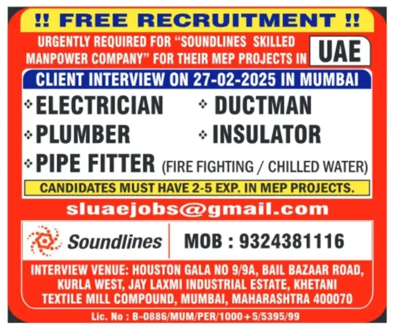 Free Recruitment | Urgent MEP Jobs in UAE – Electrician, Plumber, More