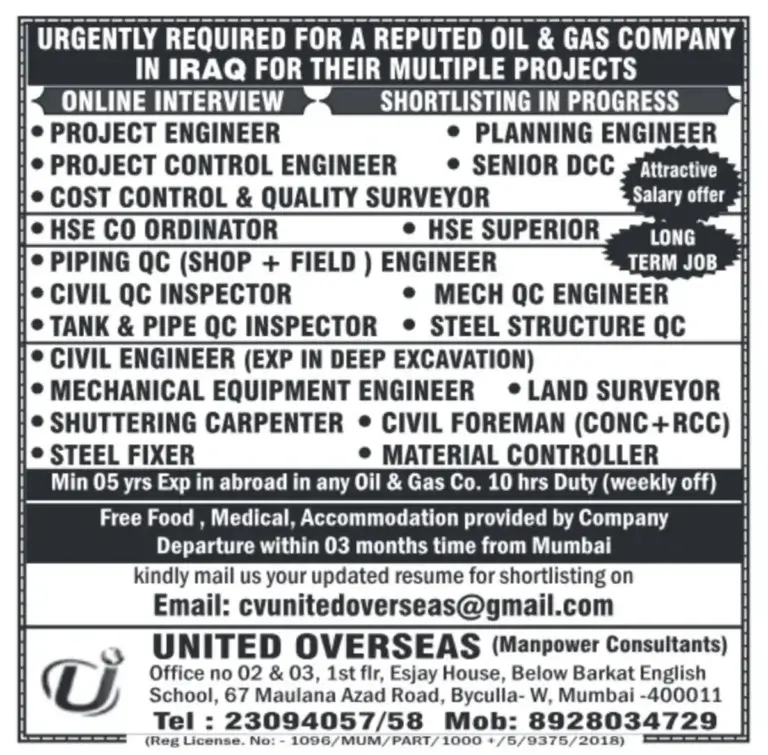Urgently Required for Oil & Gas Jobs in Iraq – Apply Now!