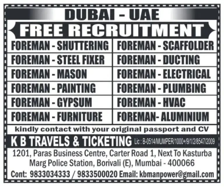Dubai-UAE Recruitment Drive for Various Foreman Positions