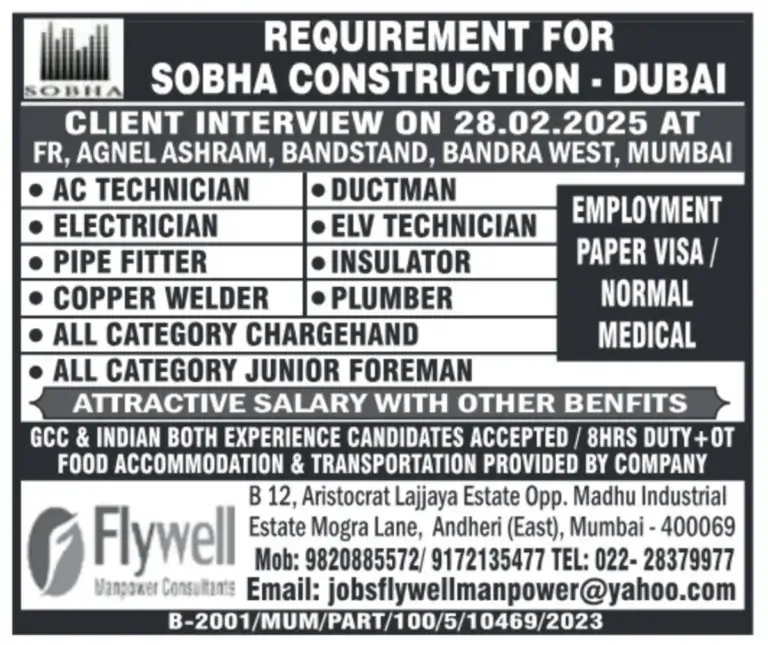 Sobha Construction Dubai Jobs | Walk-In Interview 28 Feb 2025