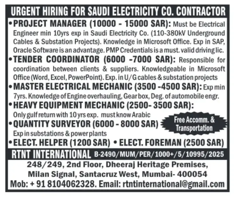 Urgent Hiring for Saudi Electricity Co. Contractor – High Salary Jobs