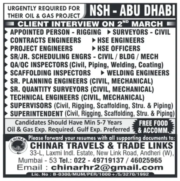 Urgently Hiring for NSH Abu Dhabi – Oil & Gas Project