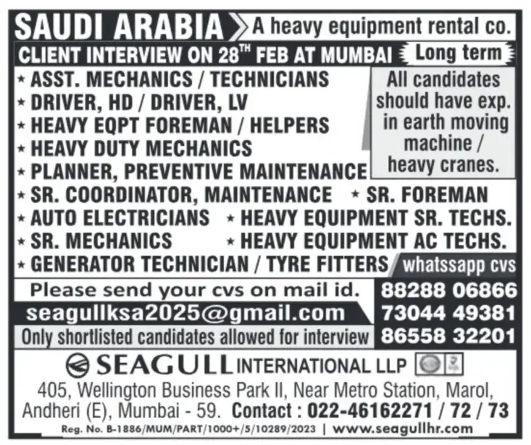Saudi Arabia Heavy Equipment Jobs – Client Interview on 28th Feb