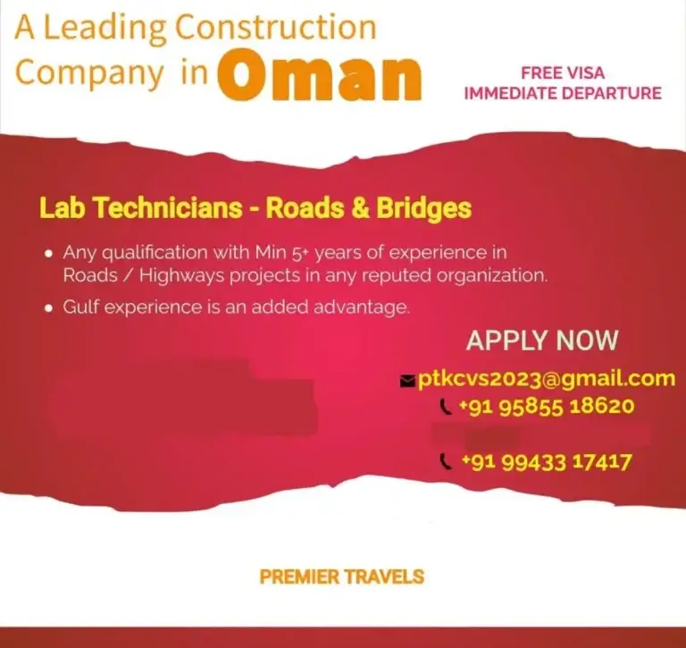 Lab Technicians - Roads & Bridges | Oman Job | Free Visa