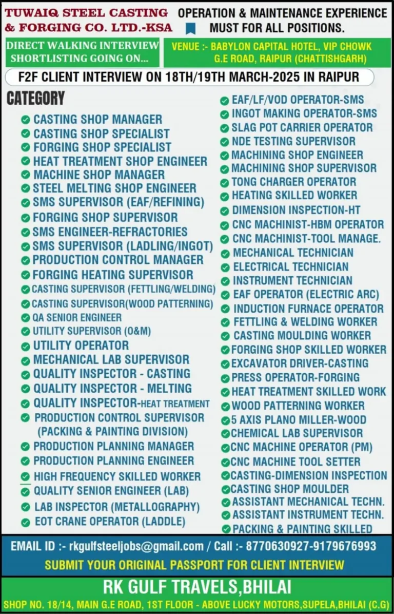 Tuwaiq Steel KSA Hiring: Direct Walk-in Interview 2025
