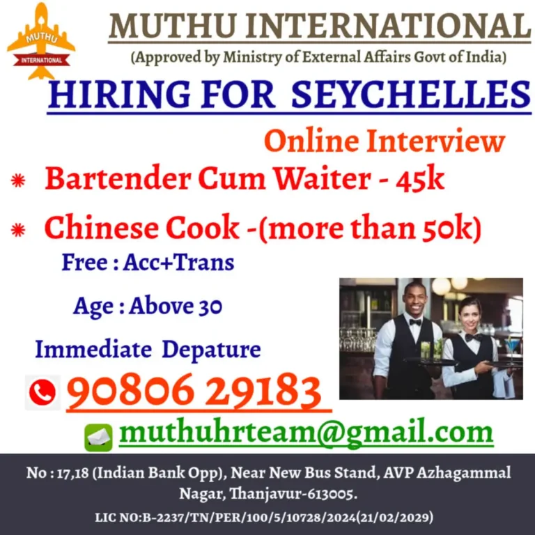 Urgent Hiring for Seychelles: Bartender Cum Waiter & Chinese Cook Jobs Available