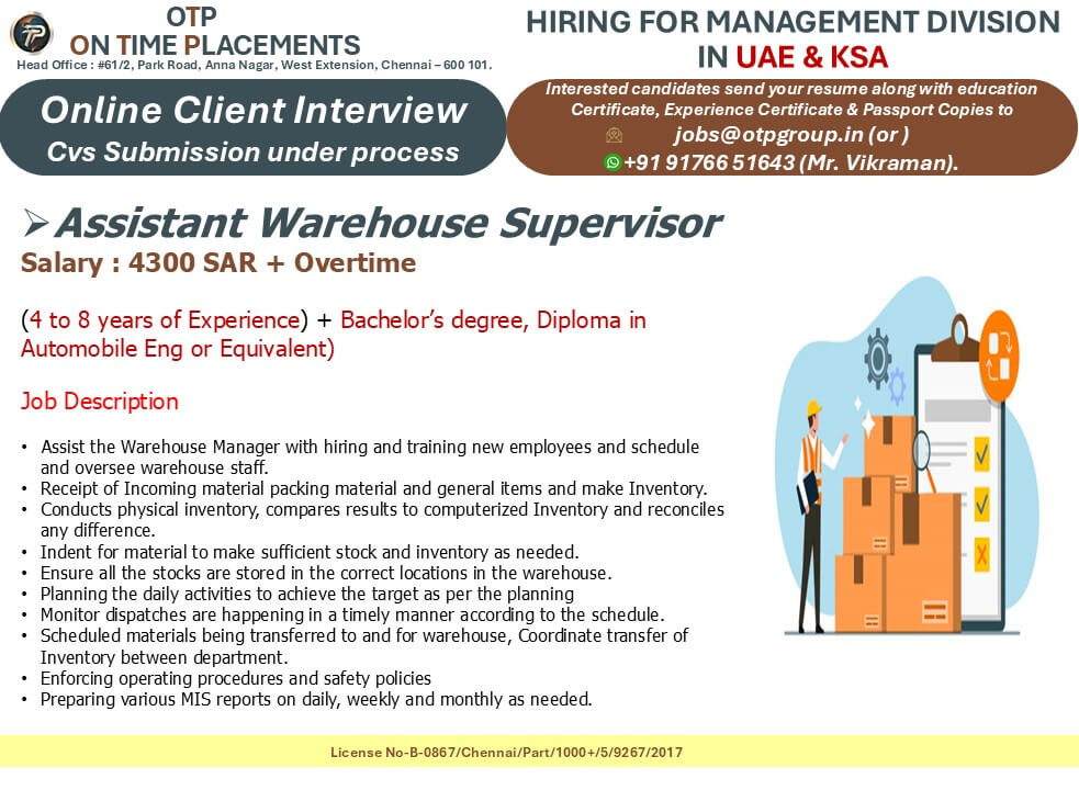 Hiring for Assistant Warehouse Supervisor in UAE & KSA – Apply Now!