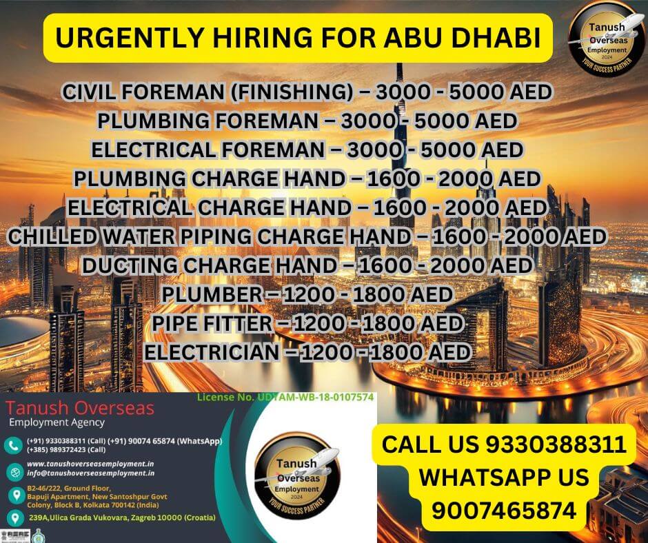 Urgent Hiring in Abu Dhabi 2025 – Tanush Overseas Jobs