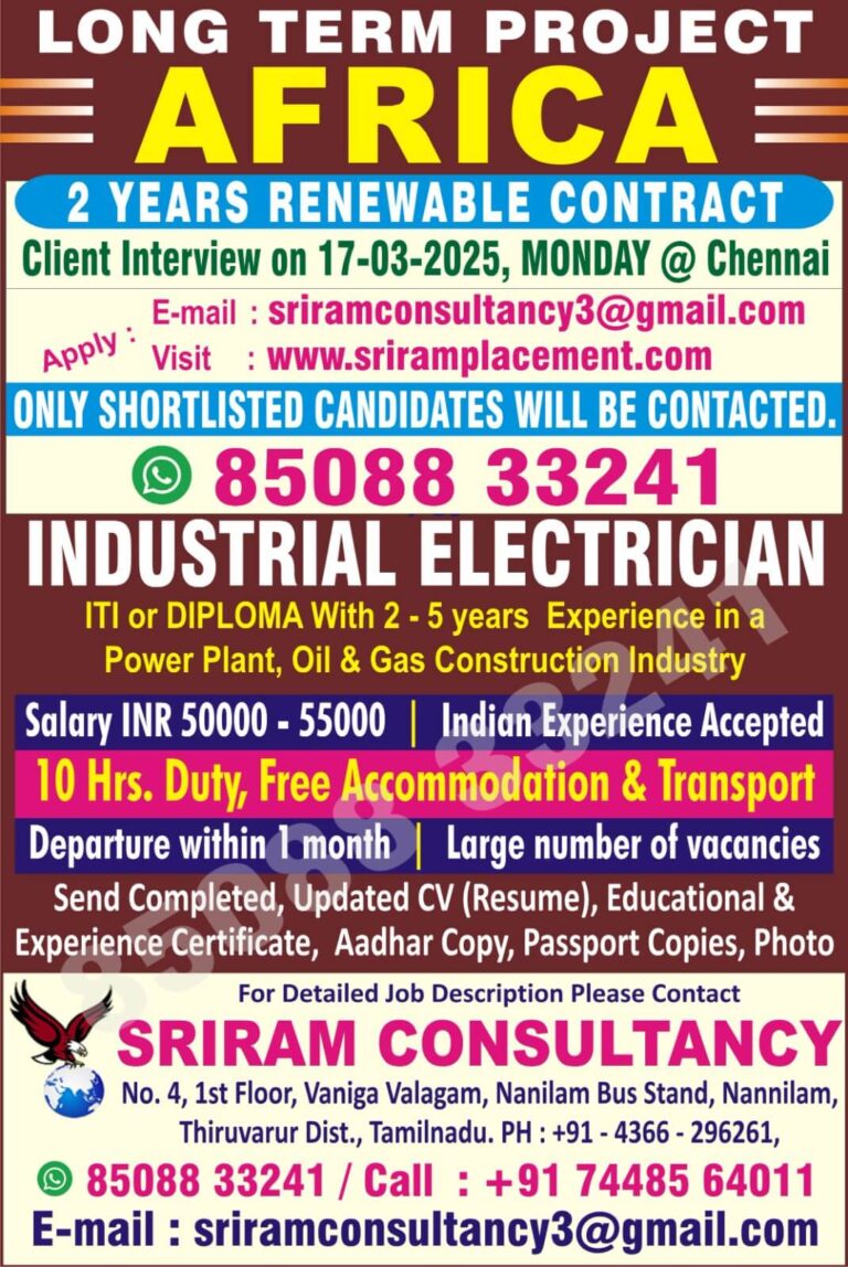 Industrial Electrician Jobs in Africa – 2-Year Renewable Contract